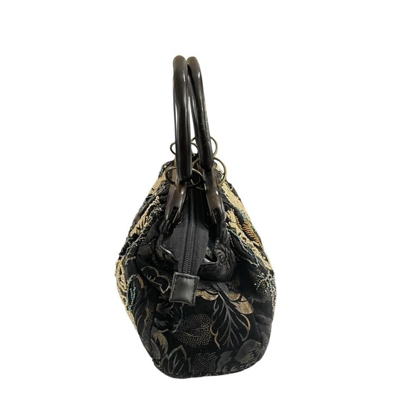 Vintage Unbranded Floral Pattern Beaded Fabric Handbag Satchel Purse Wood Handle - Picture 2 of 16